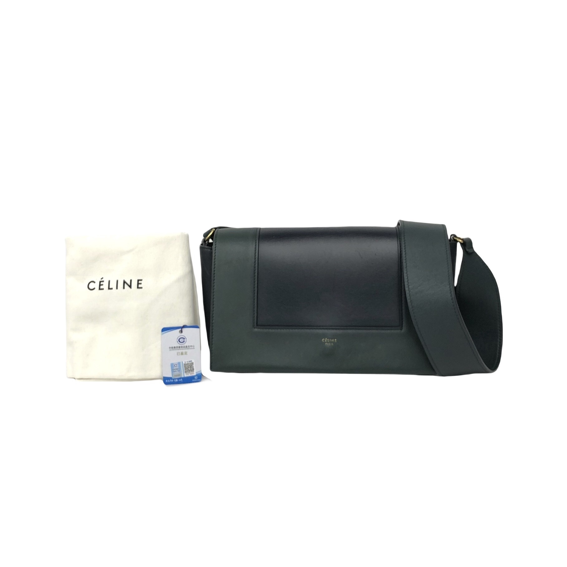 Celine Frame Blue Leather Shoulder Bag Cowhide Deep Olive Color Medium