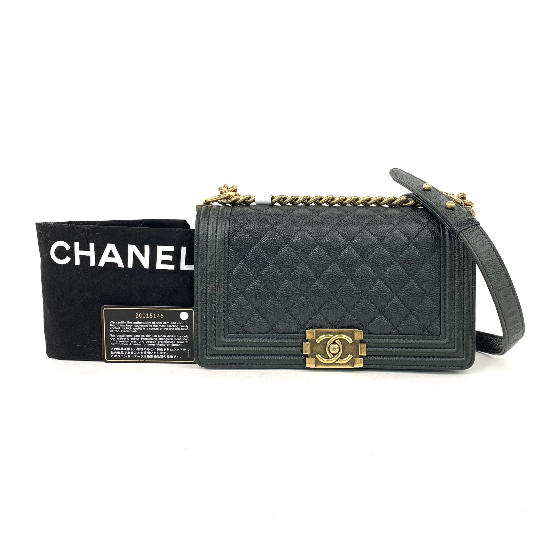 CHANEL Caviar Leather Medium Quilted Le Boy Shoulder Bag Blackish Green
