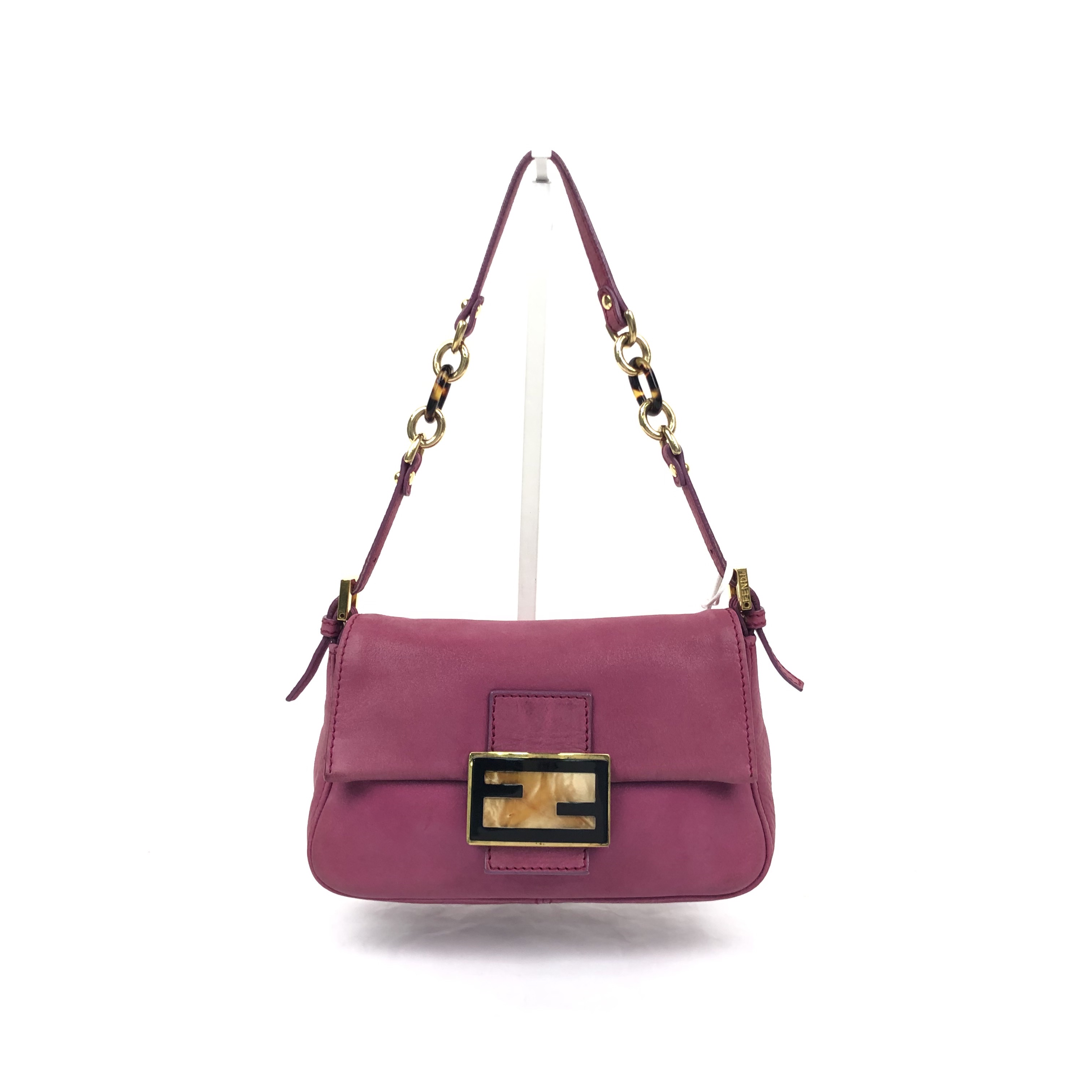 FENDI Mamma Baguette Shoulder Bag Leather Cowhide Rose Red