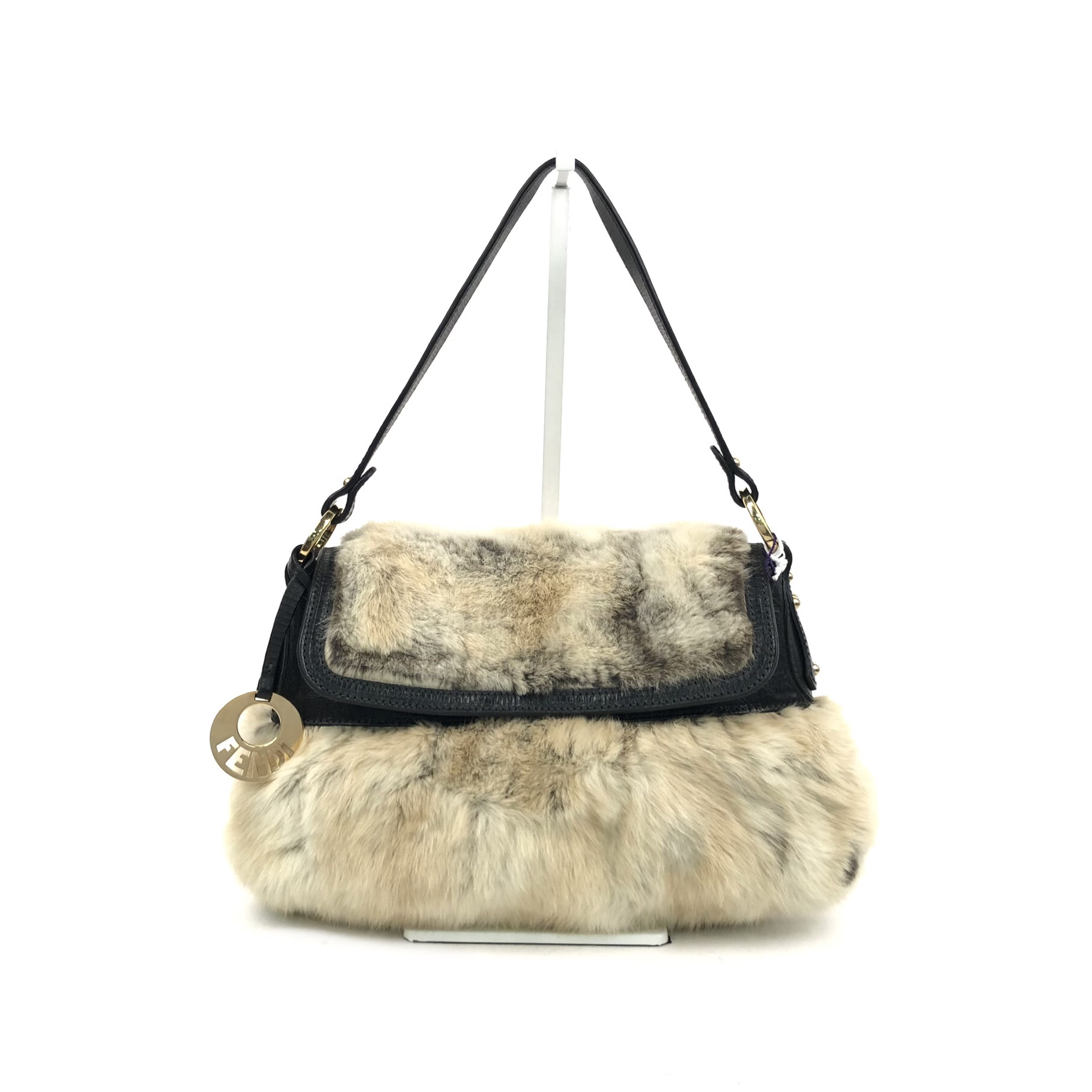 Fendi Dark Brown Cream Leather and Fur Flap Chef Shoulder Bag